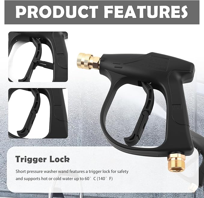 Car Short Pressure Washer Gun,4350 PSI Max High-Pressure Car Wash Gun | Portable, Safety Lock, M22-14 Thread, 1/4" Outlet Quick Connect, 4350 PSI Max