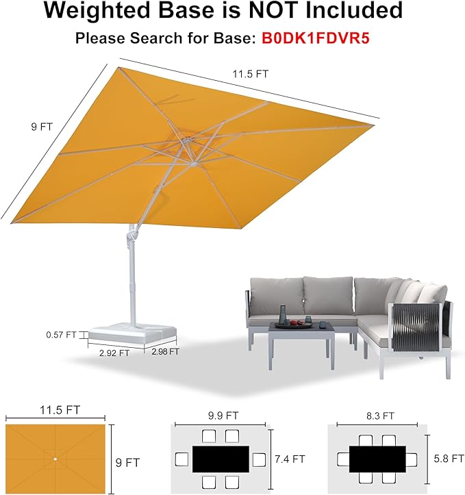 PURPLE LEAF 9' × 11.5' Patio Umbrella White Cantilever Umbrella Aluminum Square Outdoor Offset Umbrella Hanging Windproof with 360° Rotation for Garden Deck Pool, Yellow