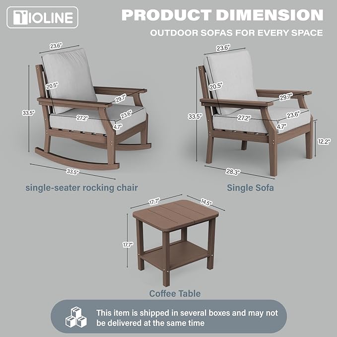 HDPE Patio Conversation Set, 3-Piece All Weather Outdoor Furniture Set with 1 Single Sofa，1 Rocking Sofa for Deck, Lawn, with Cushion, Brown