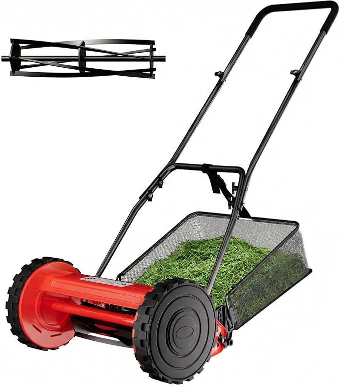 Garvee 14" Cordless Manual Reel Lawn Mower, Walk-Behind Push Mower with 5-Blade Cutting System, Durable Steel Frame, Adjustable Cutting Height, Comfort Grip Handle & 6.7-Gallon Grass Catcher