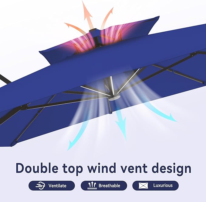 10 X 13 FT Cantilever Outdoor Patio Umbrella with LED Lights Large Heavy Duty 360° Rotation Double Top Offset Rectangular Umbrellas for Backyard Garden Pool Outside Deck, Navy