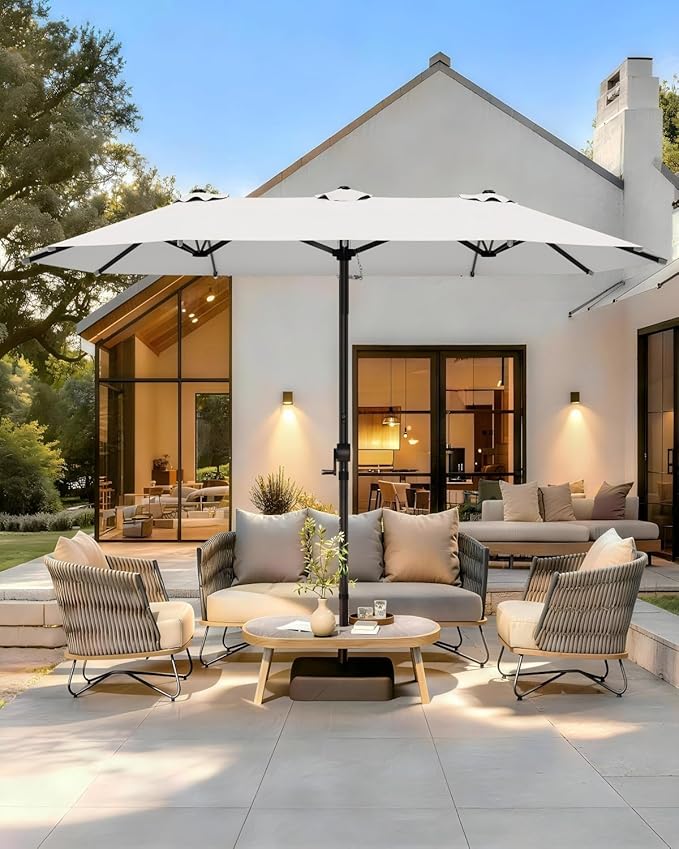 GDPFN 15FT Large Patio Umbrella with Base Included, Outdoor Deck Standing Umbrella with Crank Handle, Double-Side Rectangular Pool Umbrella for Outside, Market, Patio, Light Gray