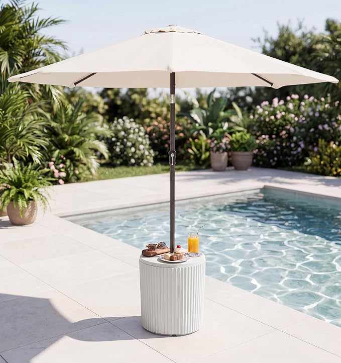 SERWALL Outdoor Round Umbrella Side Table, 3-in-1 Ice Bucket & Side Table & Storage Box, Multi-Functional Use for Porch/Patio/Poolside, Beige