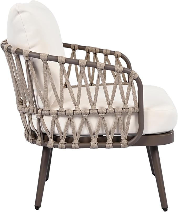 Christopher Knight Home Lena Patio Conversation Set, Two Club Chairs, Rope Woven Loveseat, Metal Frame Armchair, Rectangular Coffee Table, Outdoor Side Table and Chair Set for Backyard, Brown+Beige