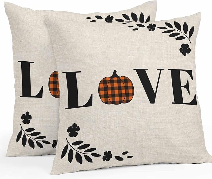 Orange Pumpkin Outdoor Waterproof Pillow Covers, Fall Leaves Love Heart Beige Pastoral Decorative Square Throw Pillowcase Sofa Cushion Sham for Patio/Couch/Chair, 16"x16" 2 Pack