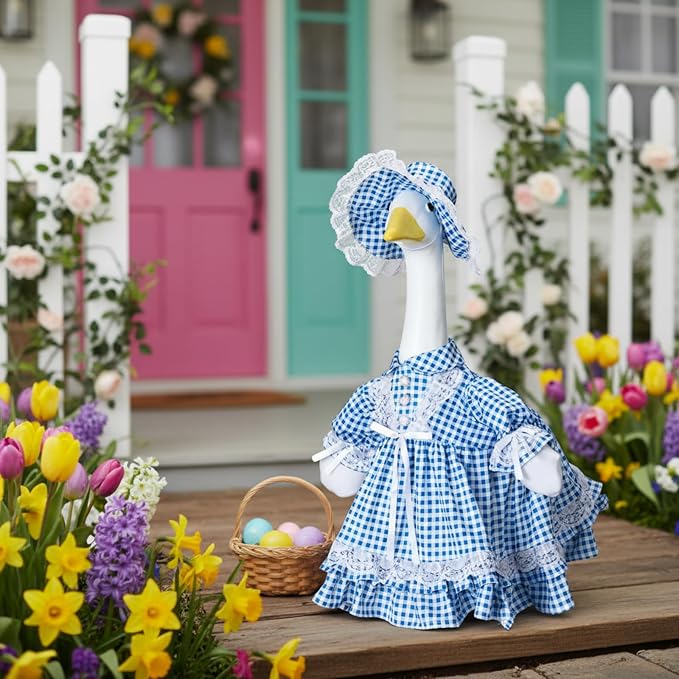 Soulchen 1 Set Summer Blue Plaid Porch Goose Outfit 23 Inch Cement Goose Clothes Dress and Hat Costume Set for Summer Holiday Lawn Garden Yard Decor