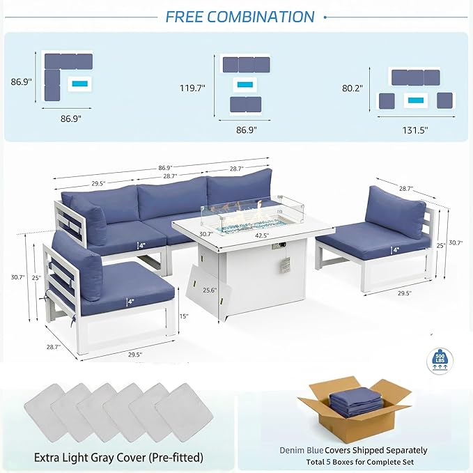 NICESOUL® 6 Piece Modern Large Aluminum Outdoor Patio Sectional Set with Firepits Propane/Natural Gas, All Weather 29'' Deep Wide Modular Conversation Sets, 500lbs Heavy Duty Sectionals, Denim Blue