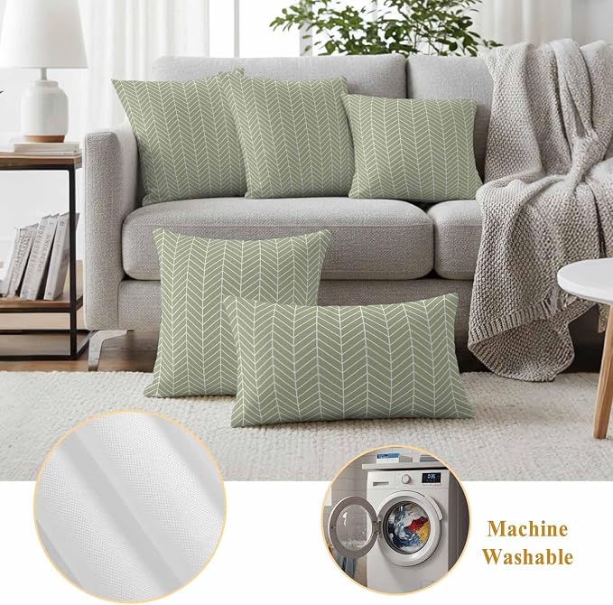 Outdoor Waterproof Throw Pillow Covers Set of 2 Sage Green Chevron Stripes Pillowcases 20x20 Inches Modern Geometric Texture Decorative Pillows Cushion Case Patio Pillows for Couch Bed Chair Garden