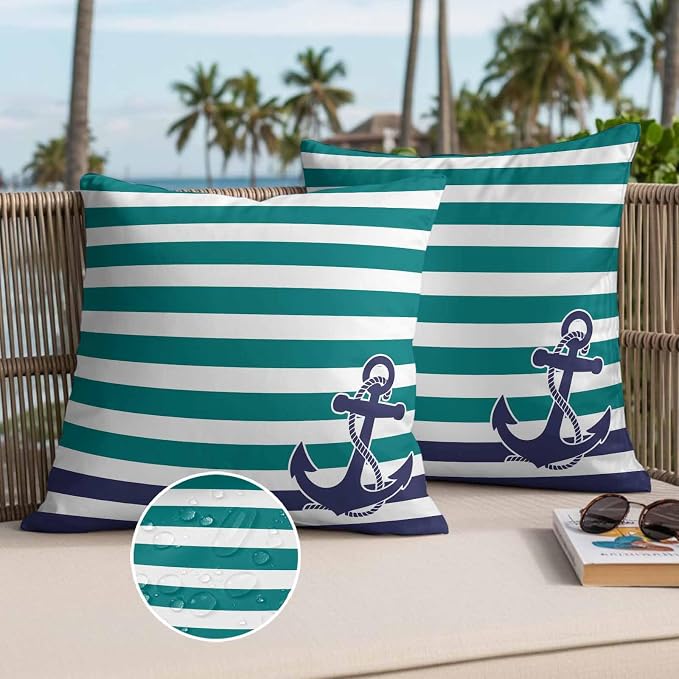 Throw Pillow Covers 16x16 Inch Set of 2, Anchor Teal Waterproof Outdoor Cushion Covers, Modern Navy Blue White Striped Nautical Decorative Pillowcases for Couch, Sofa, Bed, Garden, Patio