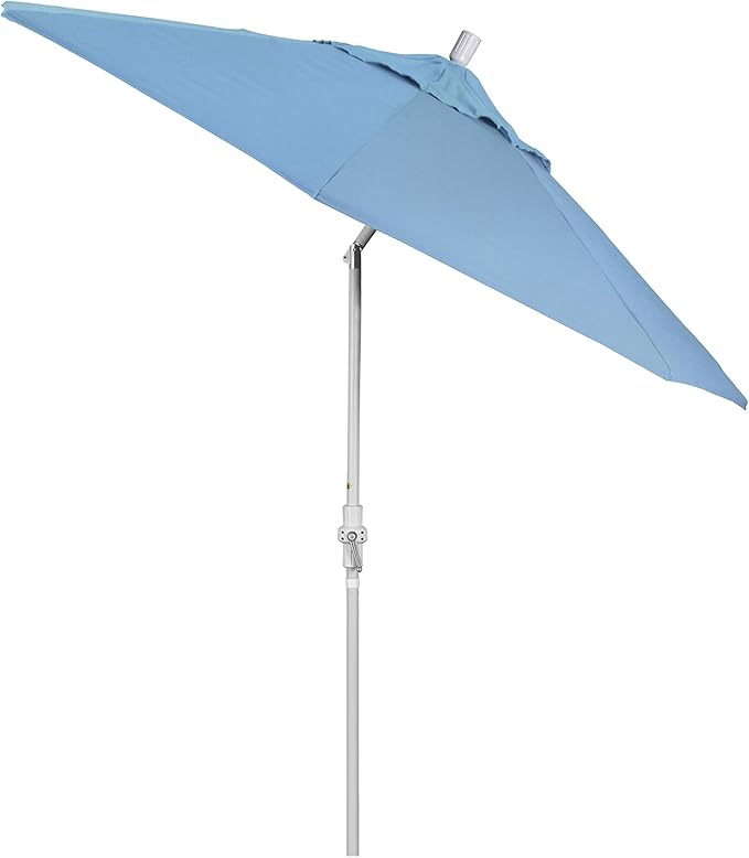 California Umbrella 9' Round Aluminum Patio Umbrella, Crank Lift, Collar Tilt, White Pole, Air Blue