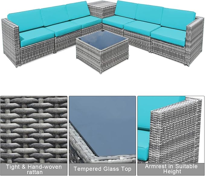 RELAX4LIFE 8-Piece Patio Furniture Set - PE Wicker Conversation Set w/Soft Cushions & Tempered Glass Storage Table, Outdoor Sectional Sofa Set for Garden, Poolside, Backyard (Turquoise)