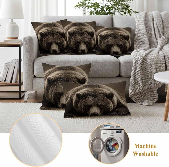 Waterproof Pillow Covers Set of 2,Rustic Brown Grizzly Bear Outdoor Pillow Protectors with Zipper Pillowcases for Patio Tent Garden Beach 26x26 Inches Abstract Forest Wildlife Animal