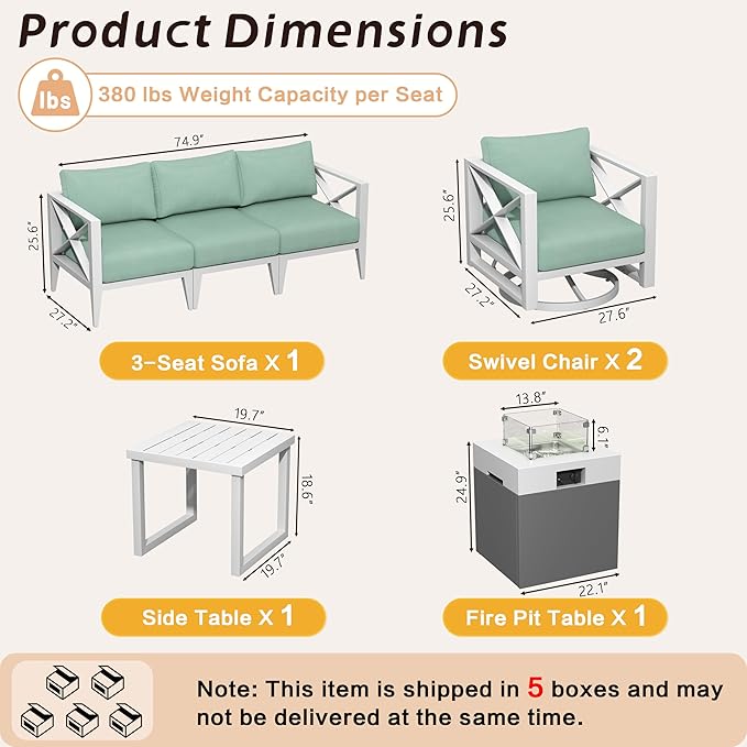 MBY 7-Piece Aluminum Patio Furniture Set with Fire Pit Table, Swivel Rocking Chairs & Oversized Sofa, All-Weather Outdoor Conversation Set for Backyard, Deck, Balcony – White
