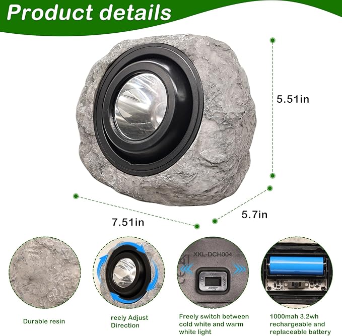 Solar Rock Lights Outdoor,2 Pack IP65 Waterproof LED Solar Ash Gray Garden Stone Spotlights,Warm White & Cool White Switchable,Auto On/Off Landscape Lights for Pathway Walkway Yard Patio