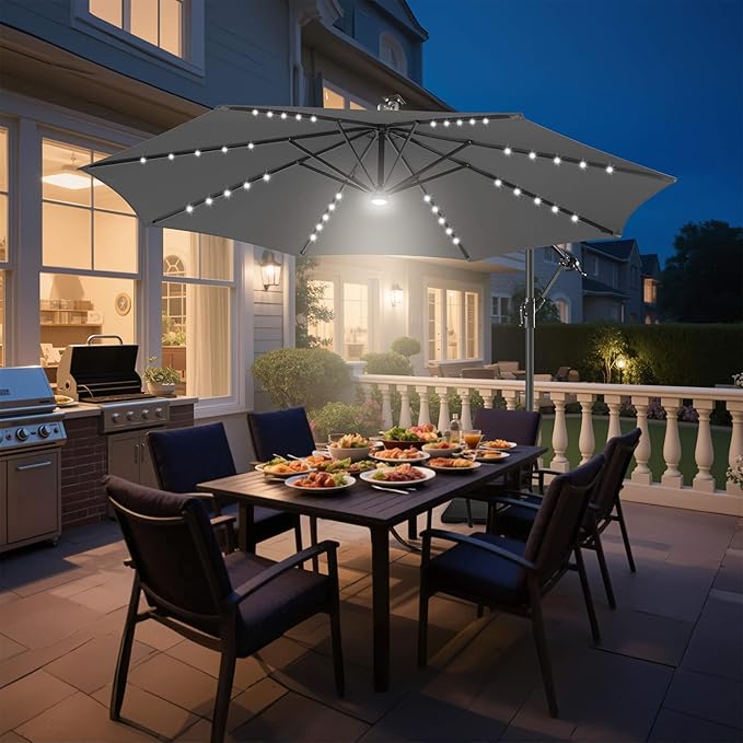 Solar Offset Patio Umbrella - 10 FT Solar Cantilever Umbrella Outdoor with 40 LED Lights and Cross Base, UV Protection for Garden, Deck, Backyard, Pool, Porch, Anthracite