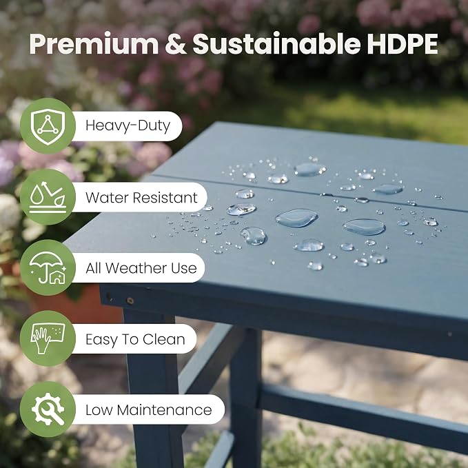 3 Piece Outdoor Bar Table and Chairs Set, HDPE Outdoor Bar Table Set with Aluminum Reinforced Tabletop, All Weather Bar Height Patio Bistro Set for Balcony/Porch/Backyard, Blue