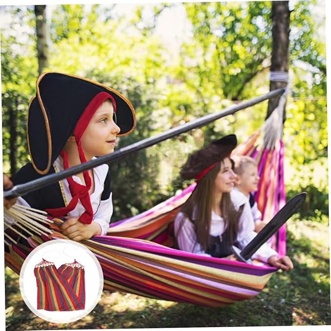 Single Person Striped Hammock Outdoor Swing Rainbow Cotton Canvas Portable Leisure Hammock for Travel and Patio Use with Anti-tip Design