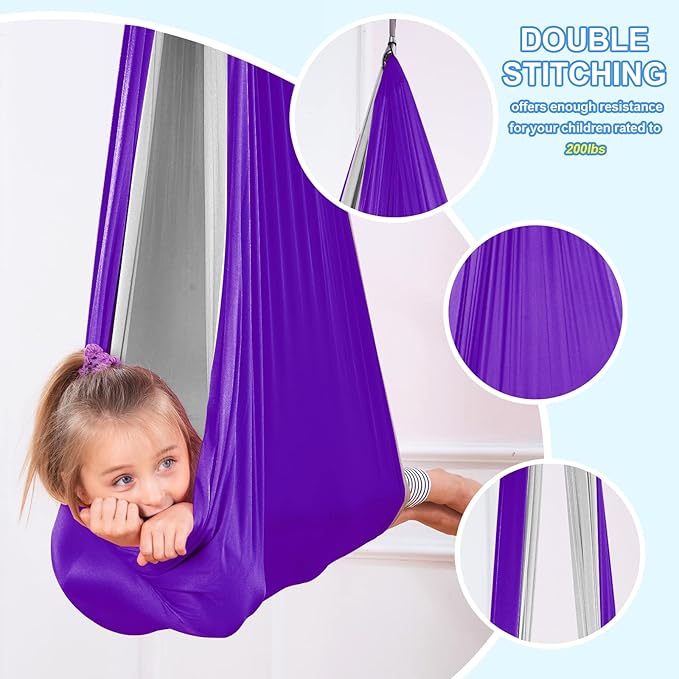 Therapy Swing Hammock Kids Cuddle Sensory Swing Indoor Therapeutic Hammock 360° Rotating Double Layer Elastic Rocking Cloth Swing Gifts for Children with ADHD SPD Asperger Autism (Purple+Grey)