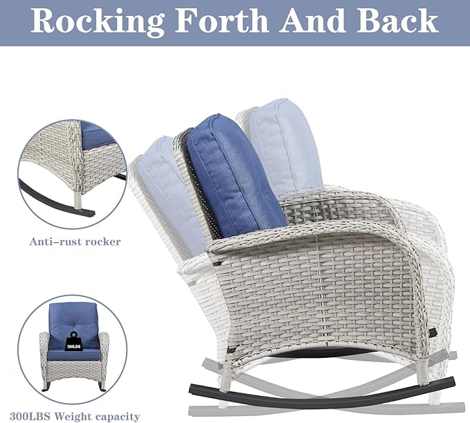 Belord Outdoor Rocking Chairs Set of 2, Wicker Rocker Rocking Chairs for Porch, 3 Pieces Patio Furniture Sets Rocking Bistro Set with Cushions and Side Table