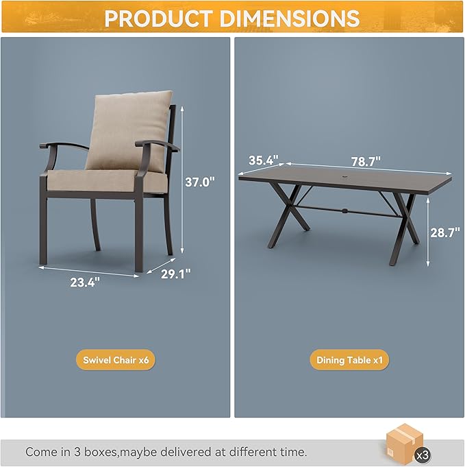ALAULM 7-Piece Patio Dining Table and Chairs Outdoor Dining Set for 6 Patio Dining Sets with Rectangular Metal Table with Umbrella Hole for Patio, Backyard, Garden-Sand