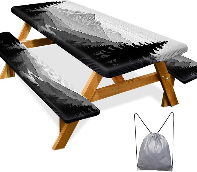 Picnic Table Cover with Bench Covers Camping Essentials Waterproof Windproof Camping Tablecloth with Drawstring Bag, Fitted Rectangle Tables and Seats, 72in, Black White Forest