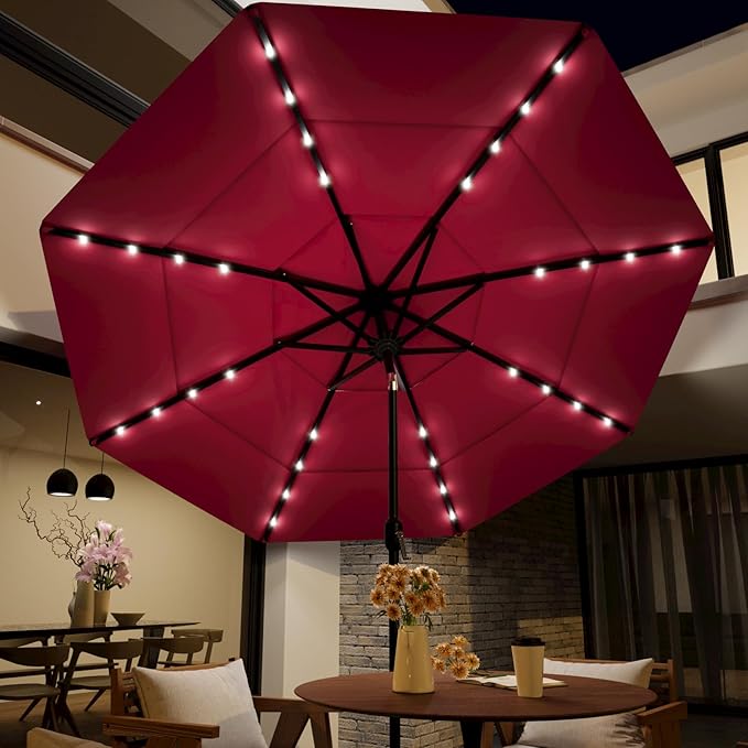 HOMPUS 9FT/10FT/11FT 3 Tiers Solar LED Patio Umbrella for Outside, Outdoor Market Umbrella with Push Button Tilt, 40 LEDs, Sun Shade for for Backyard, Deck, Garden