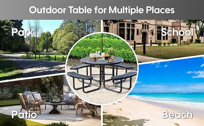 46 Inch Round Outdoor Metal Picnic Table, All-Weather Patio Dining Set for 6-8 Adults, Heavy Duty Steel with Central Umbrella Hole, Perfect for Garden, Backyard, Deck & Small Spaces - Easy Assembly