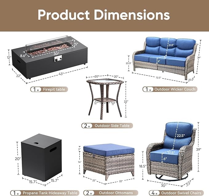 HUMMUH Luxury Patio Furniture Set 6-inch Thick Cushions High Back Swivel Rocker Chairs & 3 Seater-Couch & Steel Fire Pit Table 11 Pieces Outdoor Conversation Set for Porch,Deck,Backyard