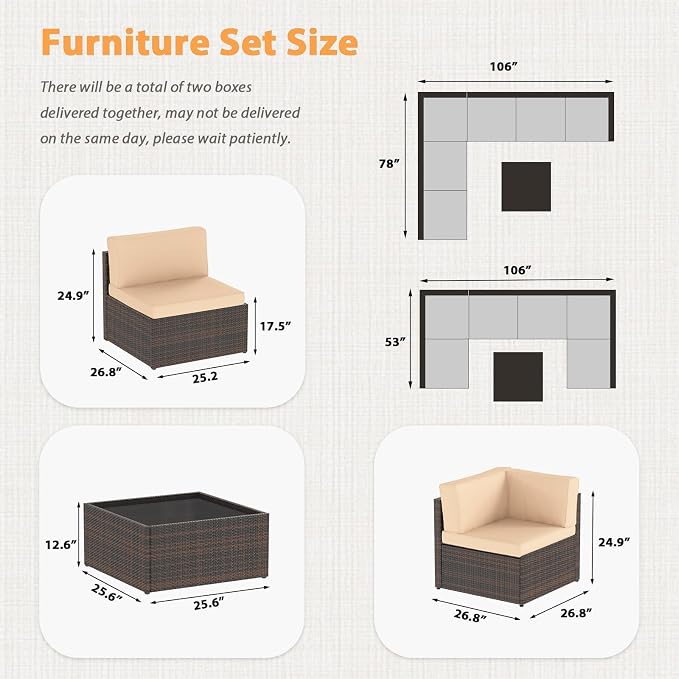 AECOJOY 7 Piece Outdoor Patio Furniture Set, Outdoor Sectional Conversation Furniture Chair with Coffee Table,Patio Sectional for Garden,Backyard(Khaki Cushions and Brown PE Rattan, with Cover)