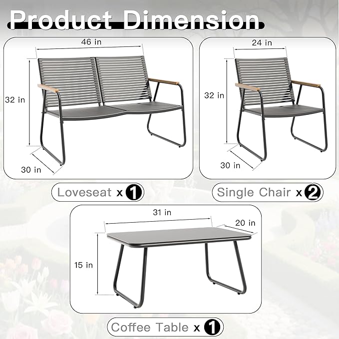 4-Piece Patio Furniture Set, Compact Outdoor Conversation Set with Loveseat, 2 Chairs and Glass Table, Weather-Resistant for Apartment Patio, Small Spaces, Balcony, Backyard – Black