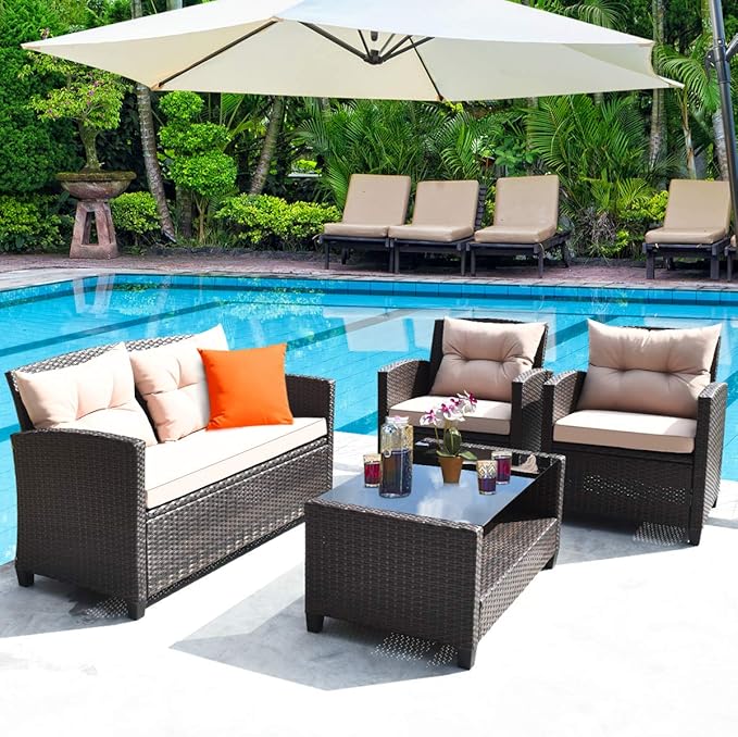 HAPPYGRILL 4-Piece Patio Conversation Set Rattan Wicker Chair Furniture Set with 1 Loveseat, 2 Single Sofas, 1 Coffee Table, Outdoor Indoor Furniture Sets for Backyard Porch Garden Poolside Balcony