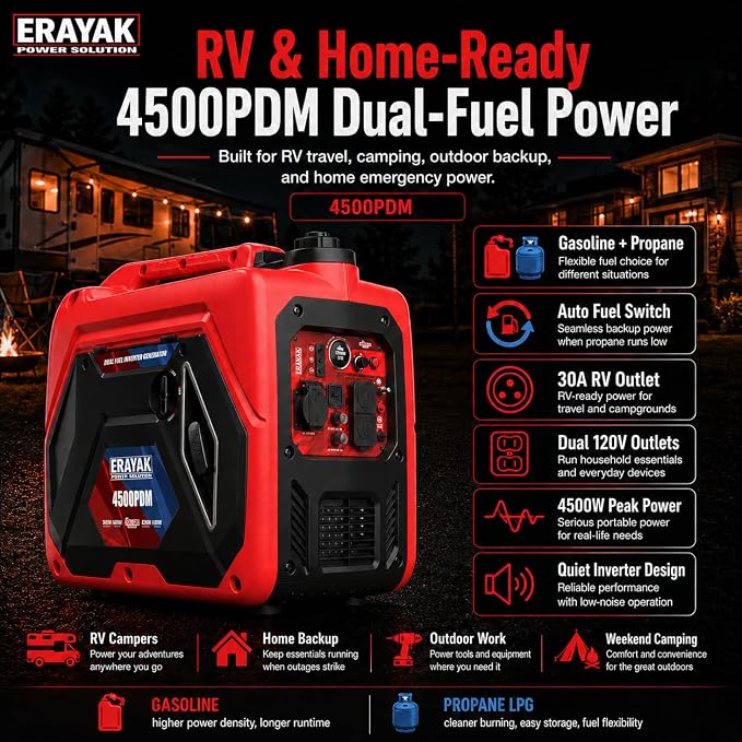 ERAYAK 4500W Dual-Fuel Portable Inverter Generator for Home Use, Camping Outdoor, 30A RV Ready, Auto Switch, Gas and Propane Powered, EPA, CO Sensor, Parallel Ready, Campact Design