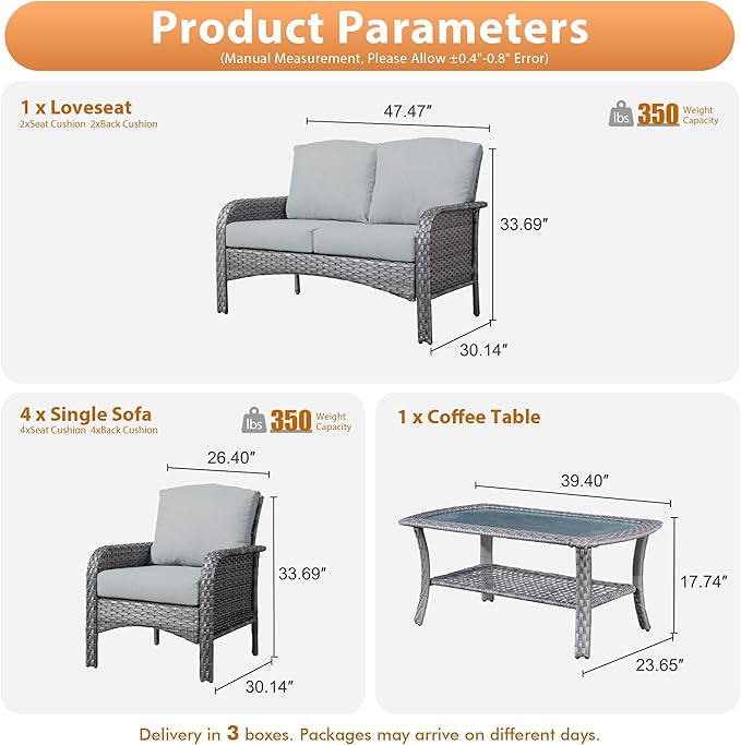 6 PCS Outdoor Patio Furniture Set with Glass Table, All-Weather Rattan Wicker Outdoor Conversation Set with Thickened Cushions for Balcony Backyard Garden Lawn,Dark Grey