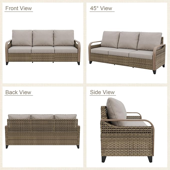 Modern Wicker Patio Furniture Set, Rattan Outdoor Conversation Set with Comfortable Cushions, 3 Seat Couch and 2 Ottomans, 3 Pieces, Brown/Gray