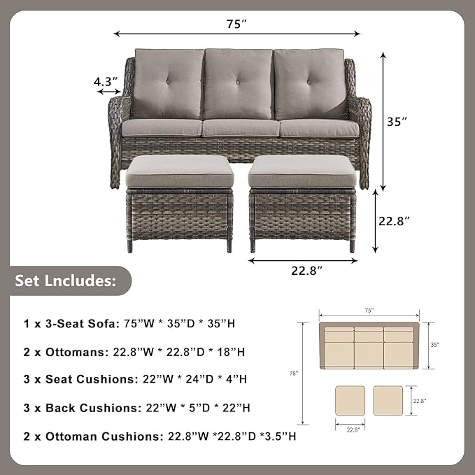 Rilyson 3 Piece Wicker Patio Furniture Set - Outdoor Rattan Patio Comversation Set with 1 Sofa and 2 Ottomans for Outside Porch Deck Garden(Mixed Grey/Grey)