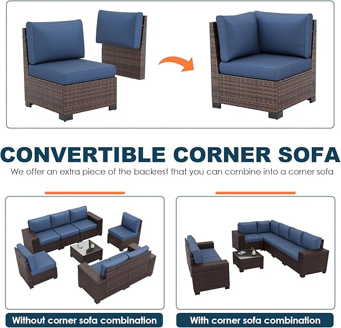 Patio Furniture Set, 8 Pieces Outdoor Sectional Sofa Conversation Sets with Waterproof Cover Modern Wicker Seating Set, 4'' Thickened Cushions 1 Glass Coffee Table 2 Armless Sofas, Navy Blue
