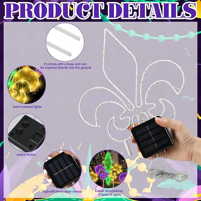 Retisee 3 Pack Mardi Gras Solar Outdoor Lights- Purple Green Gold Yard Stakes Lights, Fleur De Lis Metal Wire Decorative Solar Lamps,for Patio Lawn Yard Pathway Party Outdoor Decor, 6–8 Hour Runtime
