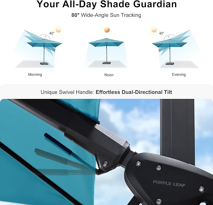 PURPLE LEAF 8' X 8' Tilting Patio Umbrella with Base Outdoor Cantilever Swivel Square Umbrella with Tilt Aluminum Offset Umbrella with 360-degree Rotation for Garden Deck Pool Patio Turquoise Blue