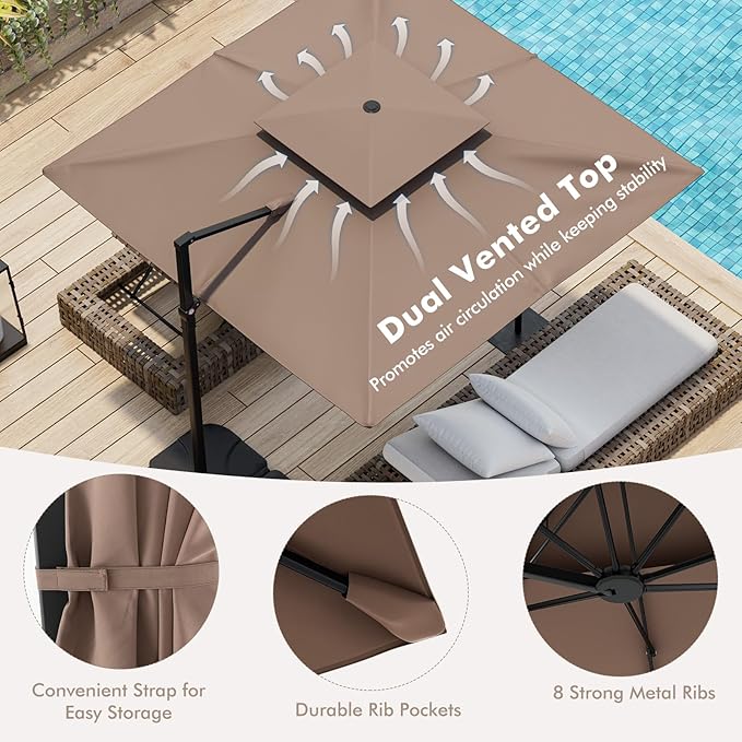 Tangkula 9.5 FT Cantilever Patio Umbrella, Outdoor Square Offset Umbrella with 360° Rotation, Double Top Heavy Duty Patio Hanging Umbrella with Cross Base for Garden Deck Pool Backyard (Tan)