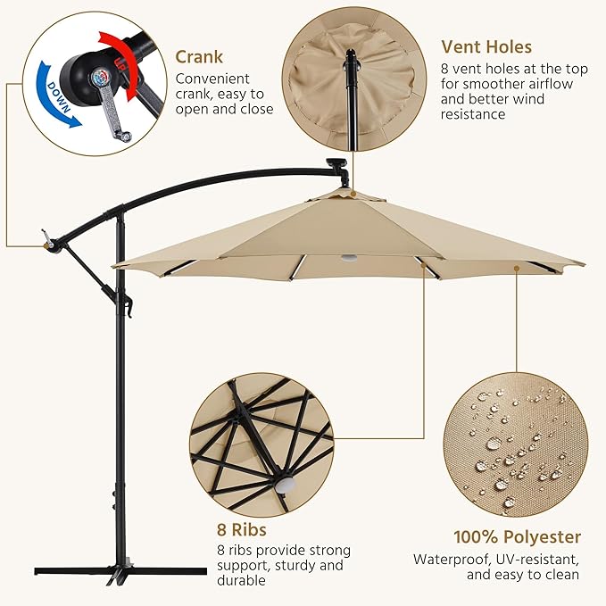 Yaheetech 10 FT Solar Powered LED Patio Umbrella Outdoor Cantilever Umbrella, UV Protection & Windproof, Offset Hanging Sunshade w/Strip Lights & Hub Light for Backyard Garden Pool