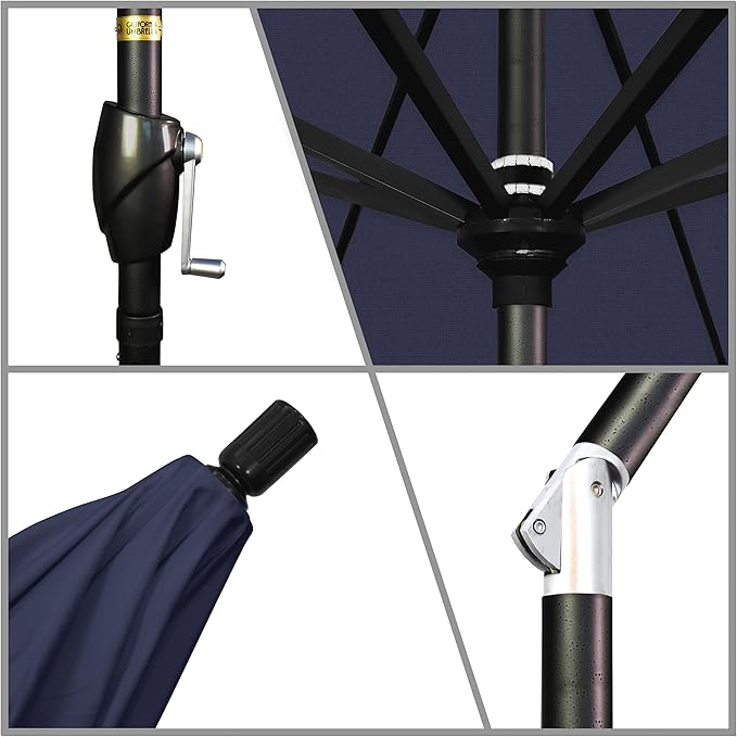 California Umbrella 9' Round Aluminum Market Umbrella, Crank Lift, Push Button Tilt, Black Pole, Pacifica