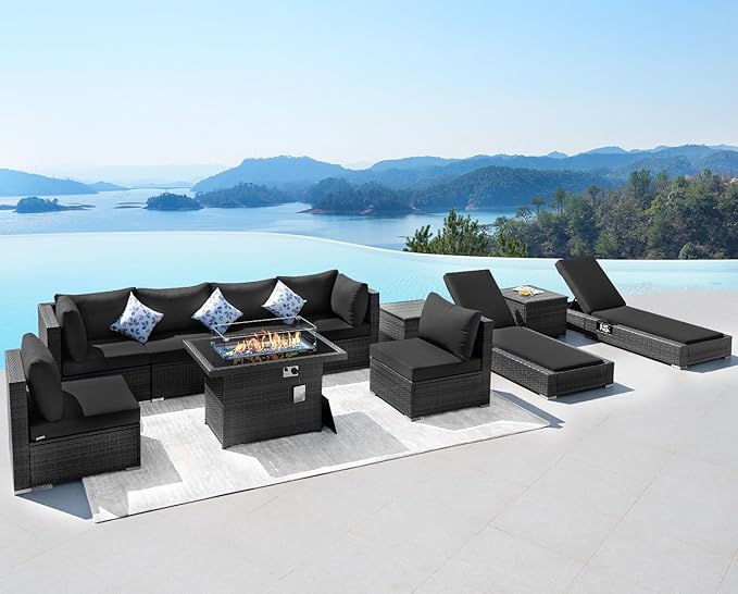 NICESOUL 11-Piece Patio Furniture with Chaise Lounge, Modern Wicker Outdoor Sectional with Fire Pit, Comfortable 29.3'' High-Back Conversation Seating, Heavy Duty All-Weather Couch Set, Grey & Black
