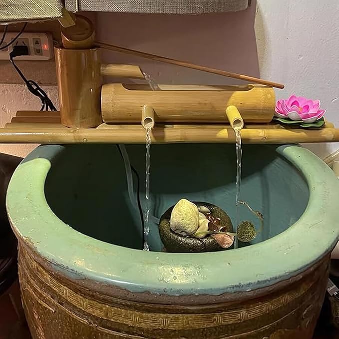 Solar Bamboo Fountain Kit, Handmade Zen Water Feature with Pump, Freestanding Japanese Garden Ornament, Flowing Water Circulation for Patio, Backyard, Pond, Lawn, Balcony