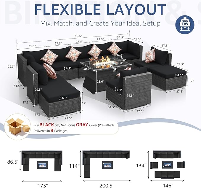 NICESOUL 11 Piece Outdoor Furniture Set w/Fireplace, Luxury Patio Sectional, Chill 29.3'' High-Back Backyard Seating Area, All-Weather Rattan Couch Set, Modular Sofa for Outside, Deck, Grey & Black