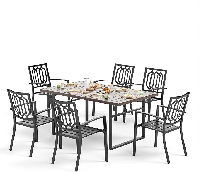 SUNSHINE VALLEY Patio Dining Set,Wood-Like Metal Table w/Umbrella Hole | 64x38 Table&6 Pcs Rust-Proof Stackable Chairs, Outdoor Table and Chairs Set for Backyard Garden Deck