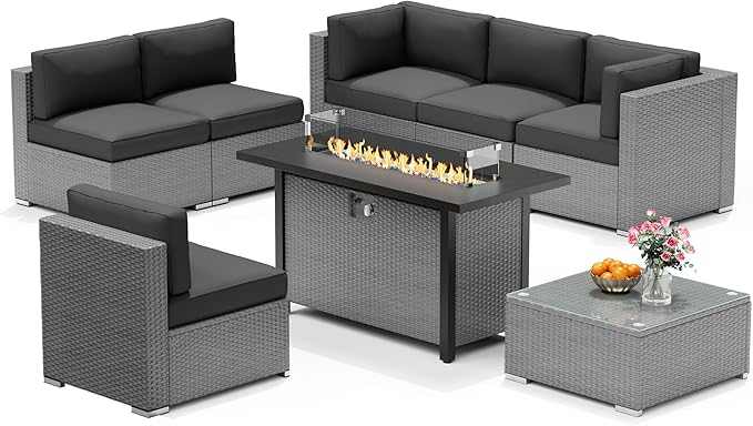 8 Pieces Outdoor Patio Furniture Set with 45” Propane Gas Firepit Table, Grey Wicker Patio Sectional Sofa Set, Outdoor Couch with Cushion and Tempered Glass Table, Grey