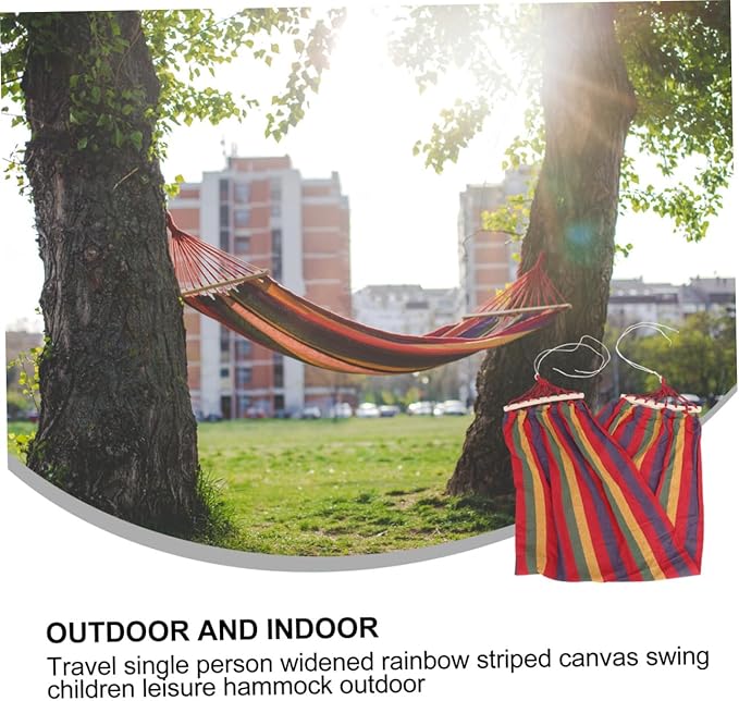 Angoily Single Person Rainbow Canvas Hammock with Anti-tip Design for Outdoor Travel and Leisure, Widened Striped Cotton Swing Suitable for Patio and Camping Use
