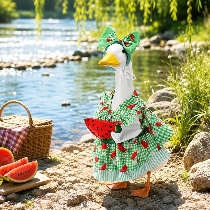 Porch Goose Outfit Set, Dress Bow Headband & Watermelon Slice Prop, Fits 23 Inch Lawn Goose Statue, Cute Novelty Outdoor Garden Yard Decor