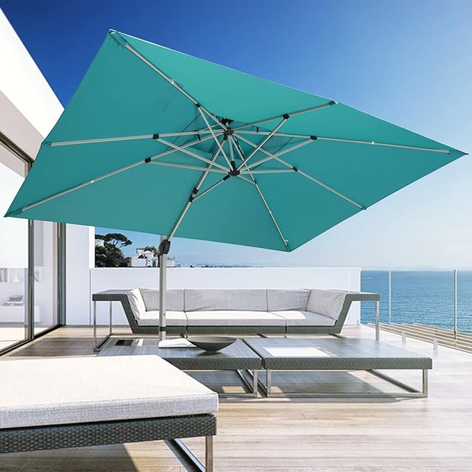 Cantilever Patio Umbrella with Cross Base and Cover Included - 360° Rotation Large Heavy Duty Offset Outdoor Umbrella with Easy Tilt for Pool Backyard Deck Garden (10x13 FT Turquoise Blue)