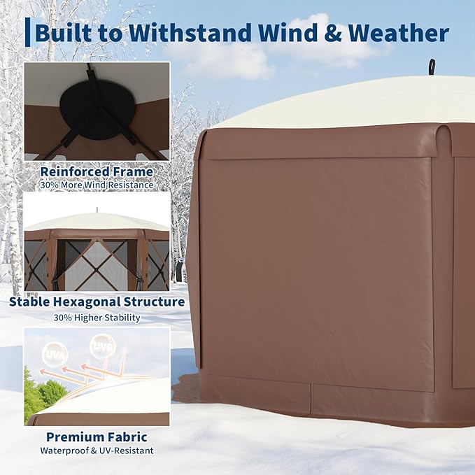 GarveeLife 13x13FT 6-Sided Pop Up Canopy Tent，One-Push Setup Canopy Tent with Removable Canopy Top & Wind Cloths, Outdoor shelter for Camping, Backyard Parties, Outdoor Events - Beige & Khaki